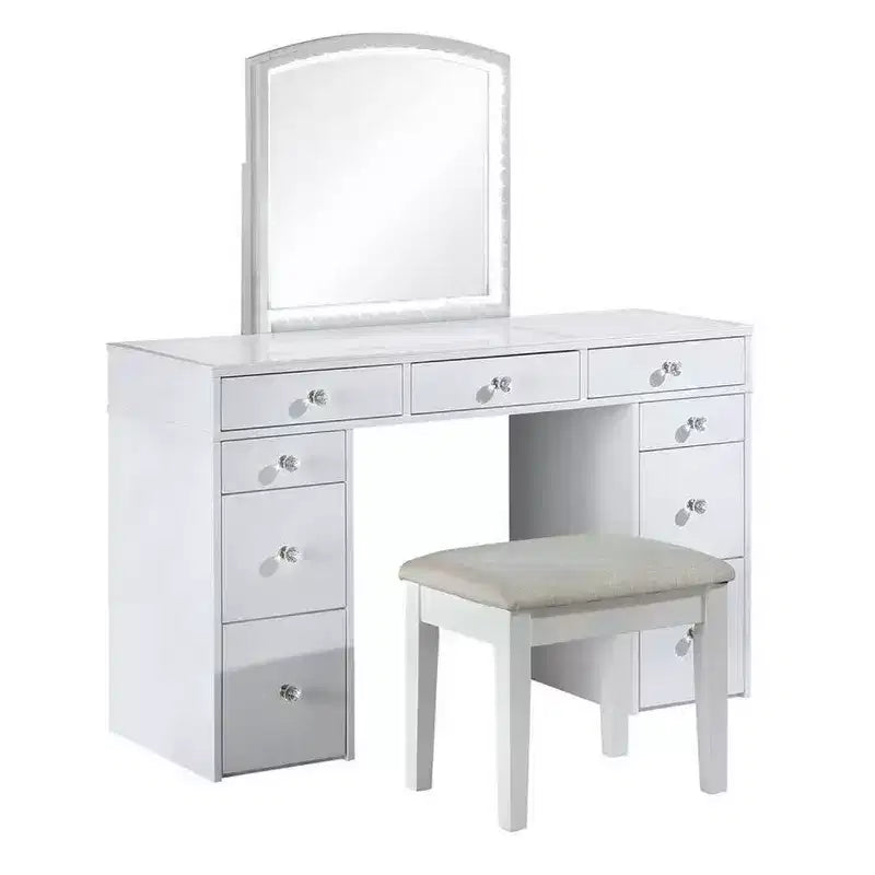 Ensemble de coiffeuse Royal Hampton 3 pièces blanche avec miroir LED et tabouret rembourré beige