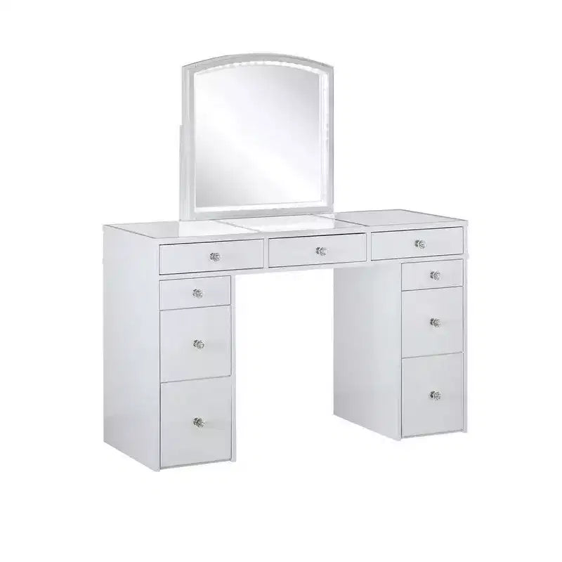Ensemble de coiffeuse Royal Hampton 3 pièces blanche avec miroir LED et tabouret rembourré beige
