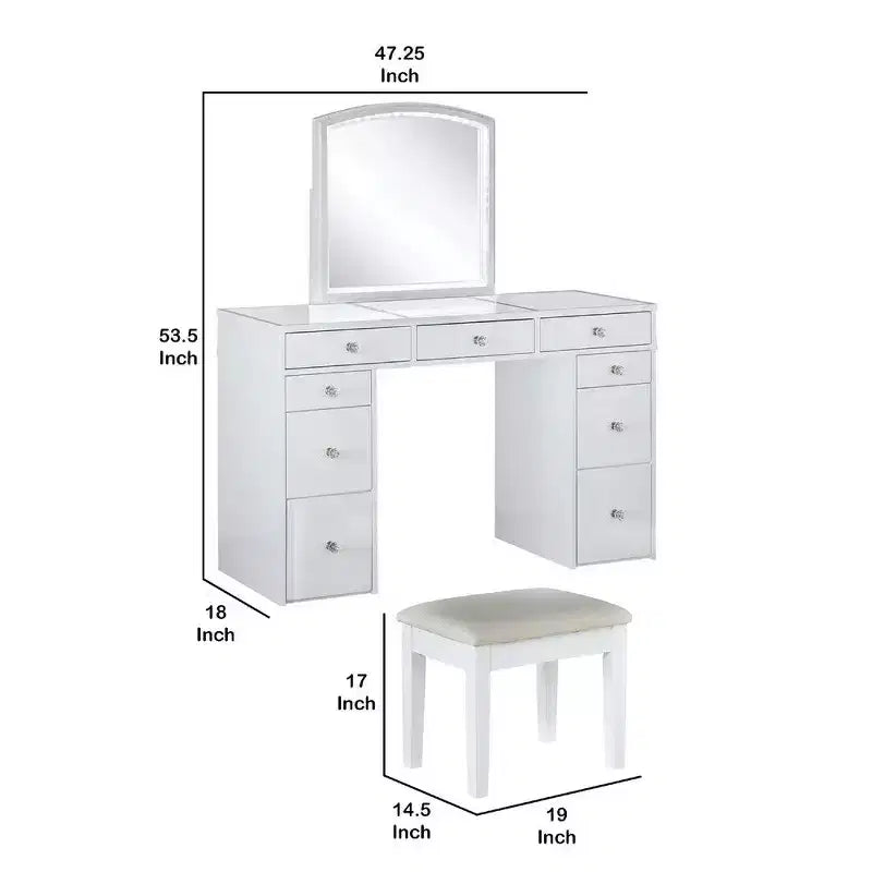 Ensemble de coiffeuse Royal Hampton 3 pièces blanche avec miroir LED et tabouret rembourré beige