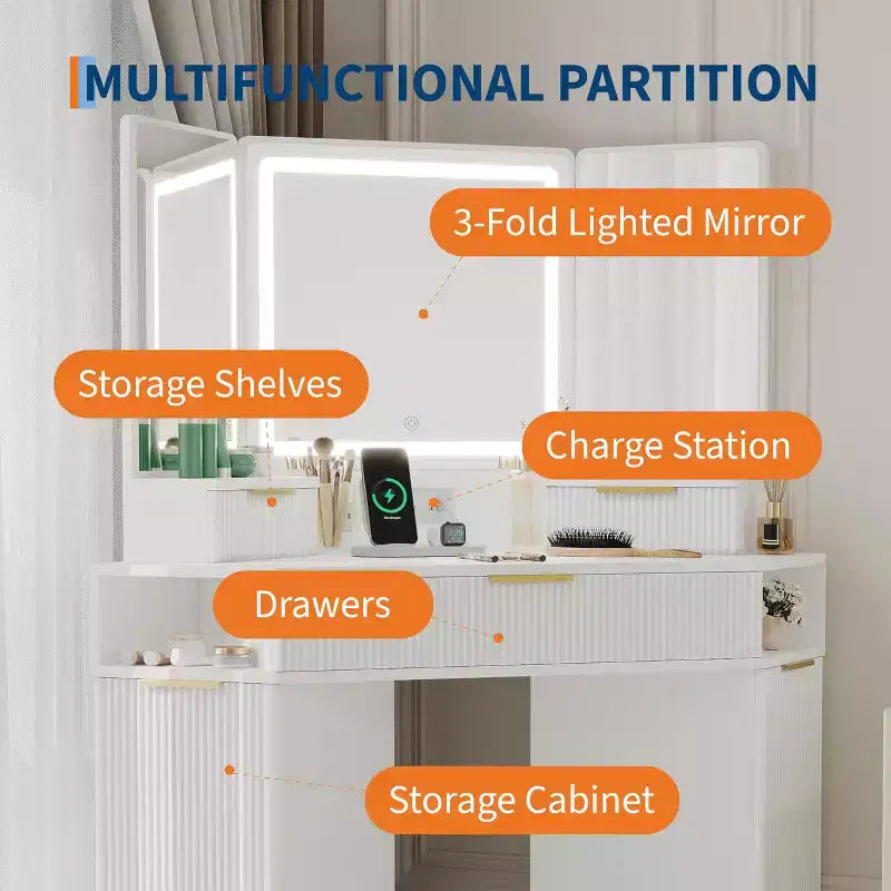 Coiffeuse d'angle avec miroir lumineux et station de charge, design cannelé, 3 tiroirs, placards, étagères ouvertes, table de maquillage en bois pour chambre à coucher