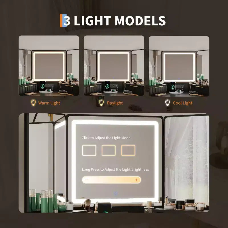 Coiffeuse d'angle avec miroir lumineux et station de charge, design cannelé, 3 tiroirs, placards, étagères ouvertes, table de maquillage en bois pour chambre à coucher