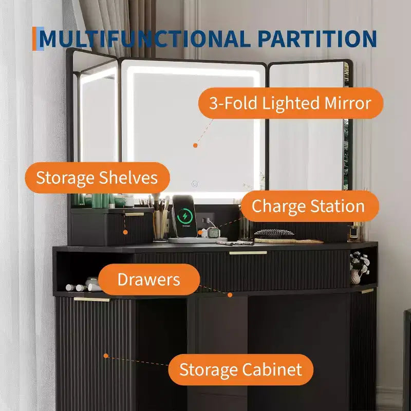 Coiffeuse d'angle avec miroir lumineux et station de charge, design cannelé, 3 tiroirs, placards, étagères ouvertes, table de maquillage en bois pour chambre à coucher