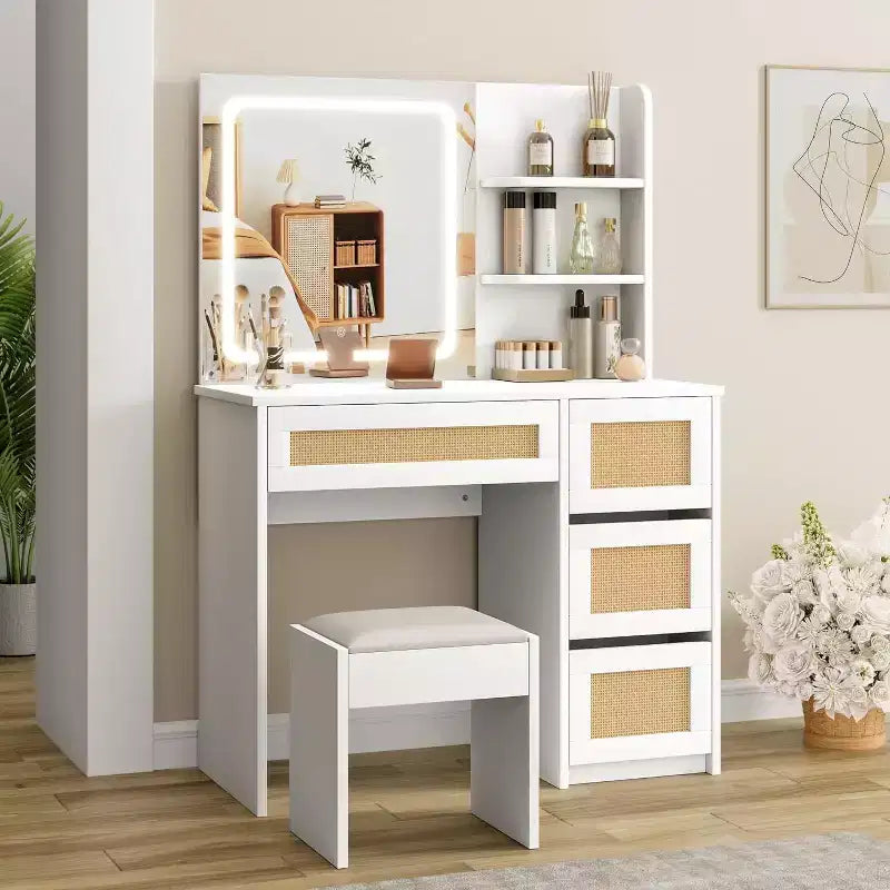 Rattan Vanity Desk in White, Makeup Vanity with Adjustable LED Mirror, 4 Drawers & 2-Tier Open Shelves, Modern Dressing Table for Bedroom