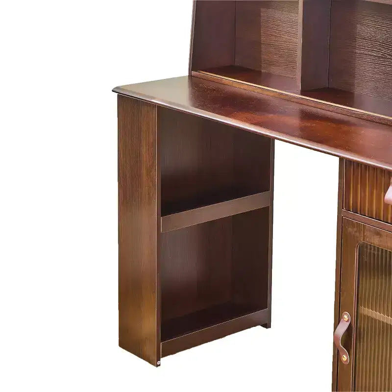 Coiffeuse avec miroir coulissant et éclairage 3 couleurs, bureau coiffeuse finition noyer avec étagère de présentation, tiroir et armoire