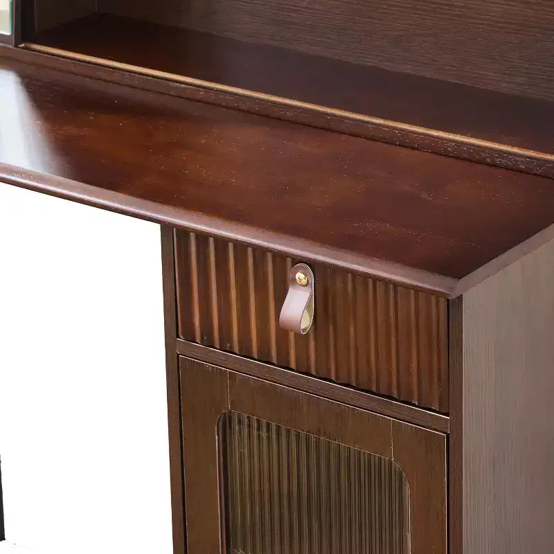 Coiffeuse avec miroir coulissant et éclairage 3 couleurs, bureau coiffeuse finition noyer avec étagère de présentation, tiroir et armoire