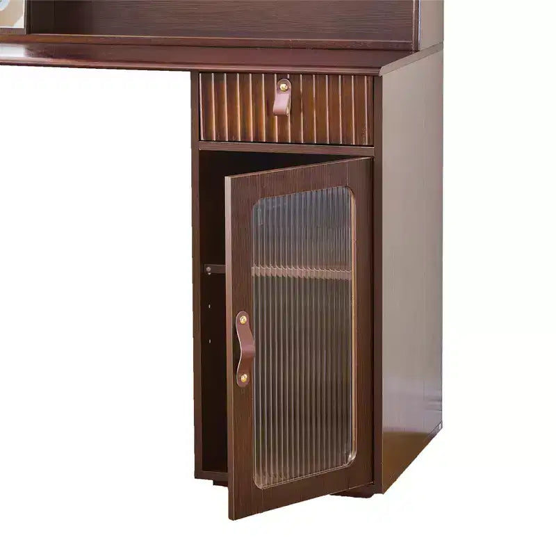 Coiffeuse avec miroir coulissant et éclairage 3 couleurs, bureau coiffeuse finition noyer avec étagère de présentation, tiroir et armoire