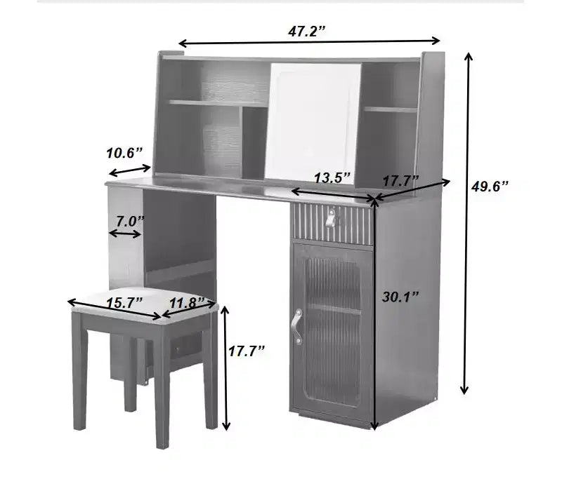 Coiffeuse avec miroir coulissant et éclairage 3 couleurs, bureau coiffeuse finition noyer avec étagère de présentation, tiroir et armoire