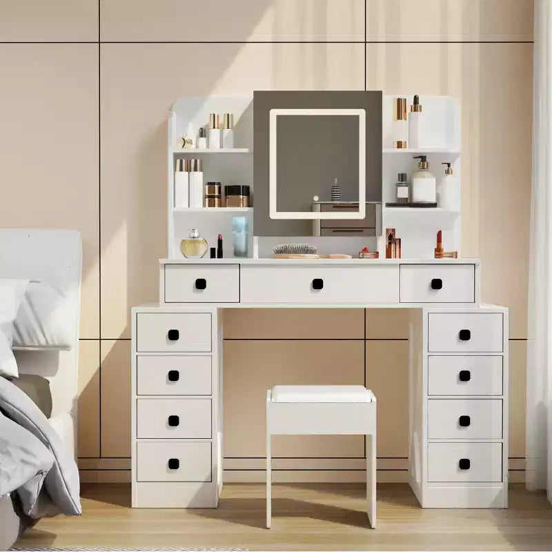 Vanity Desk with Mirror & 3 Mode Lights, 11 Drawer Dressing Table Set with Stool, Makeup Desk for Home Office Dressing Room