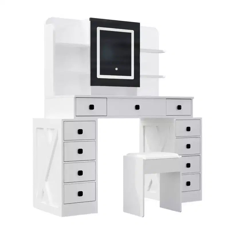 Coiffeuse avec miroir et éclairage 3 modes, ensemble table de maquillage avec tabouret et 11 tiroirs, bureau de maquillage pour chambre ou dressing