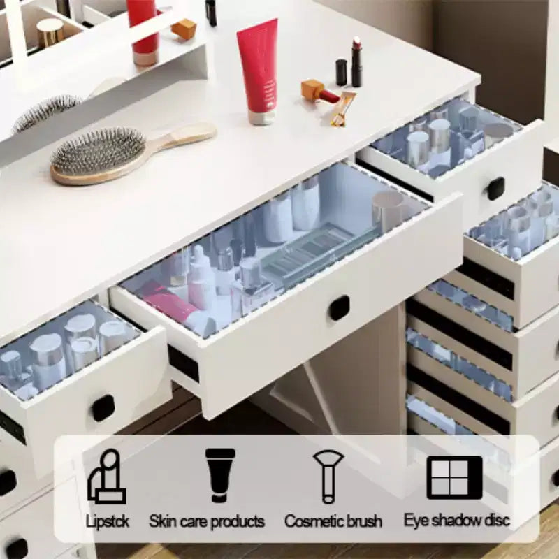 Coiffeuse avec miroir et éclairage 3 modes, ensemble table de maquillage avec tabouret et 11 tiroirs, bureau de maquillage pour chambre ou dressing