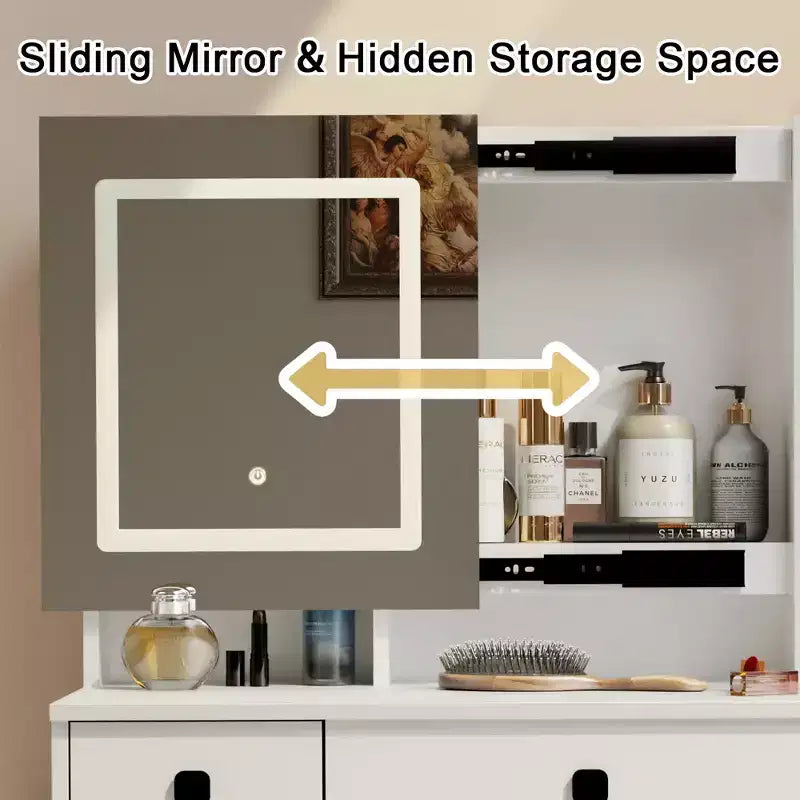 Coiffeuse avec miroir et éclairage 3 modes, ensemble table de maquillage avec tabouret et 11 tiroirs, bureau de maquillage pour chambre ou dressing