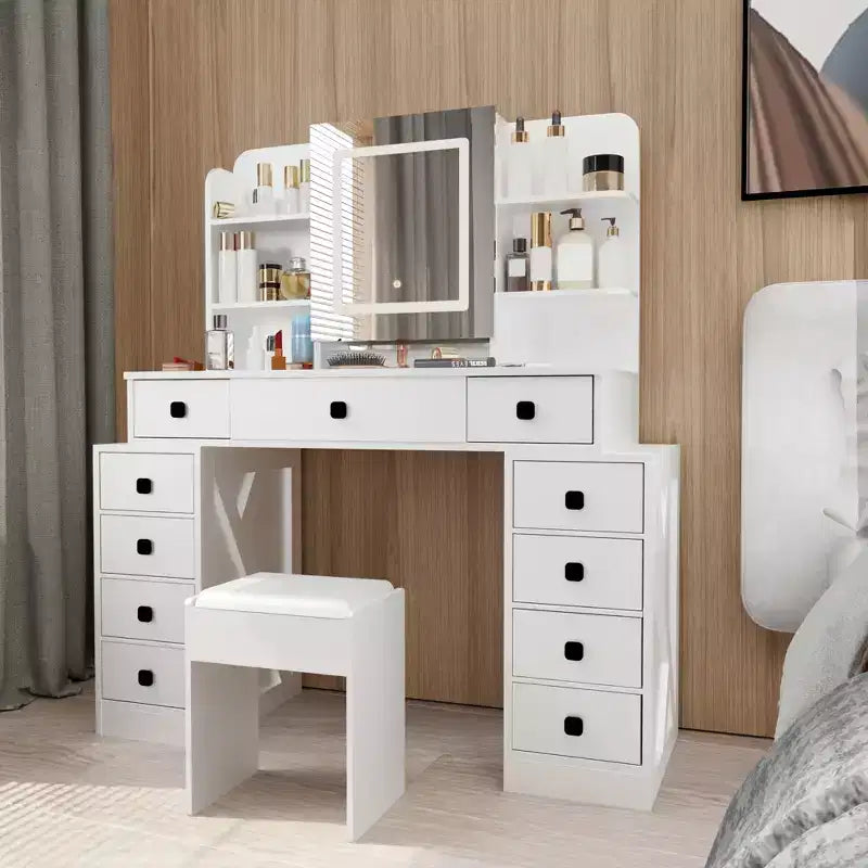 Coiffeuse avec miroir et éclairage 3 modes, ensemble table de maquillage avec tabouret et 11 tiroirs, bureau de maquillage pour chambre ou dressing