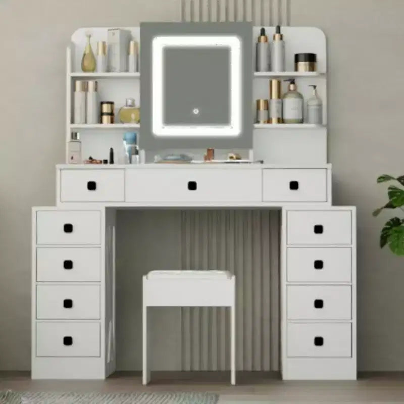 Coiffeuse avec miroir et éclairage 3 modes, ensemble table de maquillage avec tabouret et 11 tiroirs, bureau de maquillage pour chambre ou dressing
