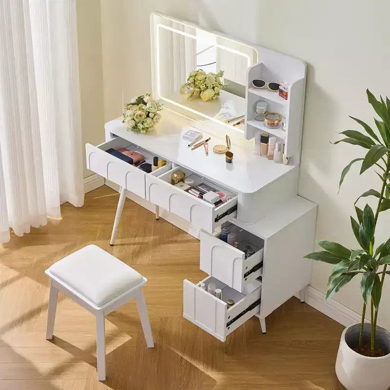 GDFStudio Rajiv Ensemble de coiffeuse moderne avec tabouret en similicuir, miroir lumineux à 3 couleurs et meuble latéral mobile