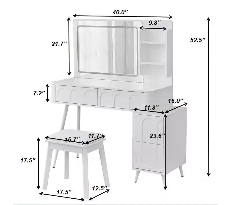 GDFStudio Rajiv Ensemble de coiffeuse moderne avec tabouret en similicuir, miroir lumineux à 3 couleurs et meuble latéral mobile