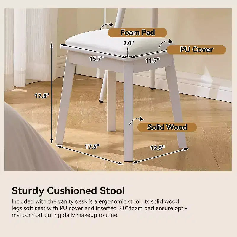 GDFStudio Rajiv Ensemble de coiffeuse moderne avec tabouret en similicuir, miroir lumineux à 3 couleurs et meuble latéral mobile