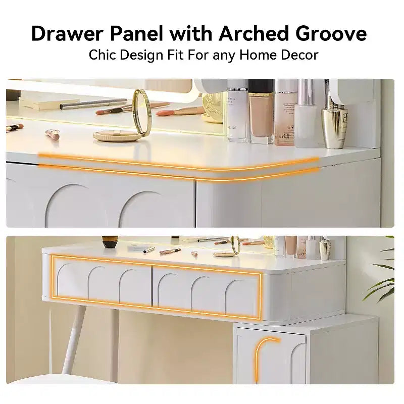 GDFStudio Rajiv Ensemble de coiffeuse moderne avec tabouret en similicuir, miroir lumineux à 3 couleurs et meuble latéral mobile