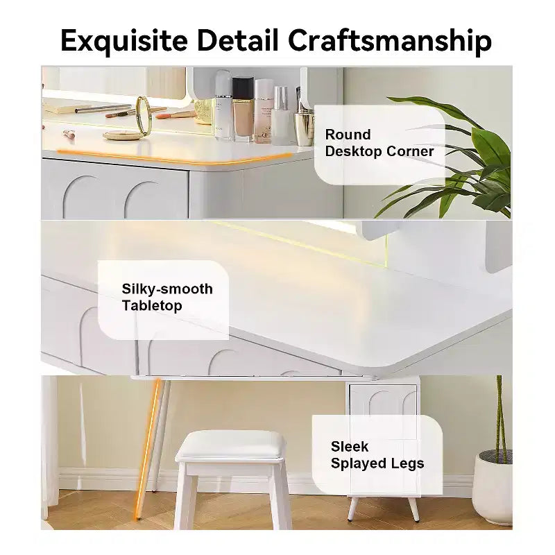 GDFStudio Rajiv Ensemble de coiffeuse moderne avec tabouret en similicuir, miroir lumineux à 3 couleurs et meuble latéral mobile