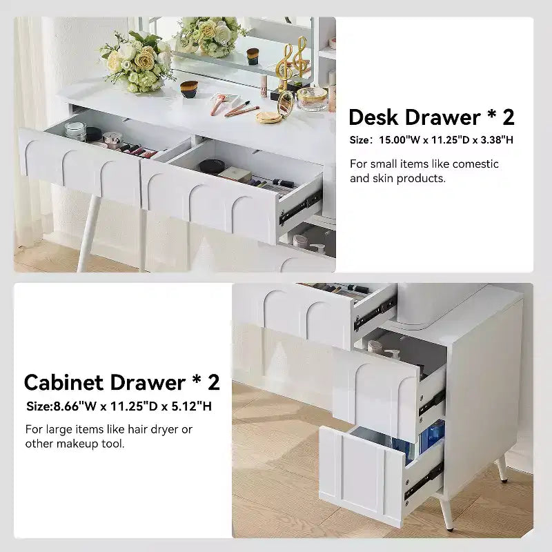 GDFStudio Rajiv Ensemble de coiffeuse moderne avec tabouret en similicuir, miroir lumineux à 3 couleurs et meuble latéral mobile