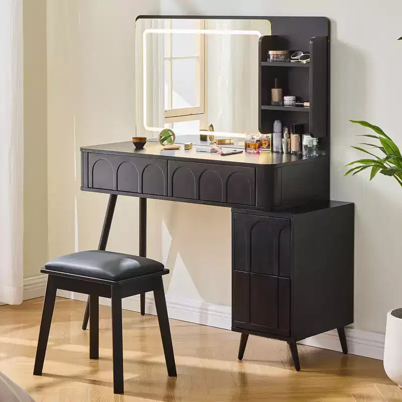 GDFStudio Rajiv Ensemble de coiffeuse moderne avec tabouret en similicuir, miroir lumineux à 3 couleurs et meuble latéral mobile
