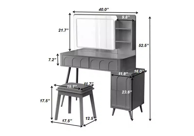 GDFStudio Rajiv Ensemble de coiffeuse moderne avec tabouret en similicuir, miroir lumineux à 3 couleurs et meuble latéral mobile