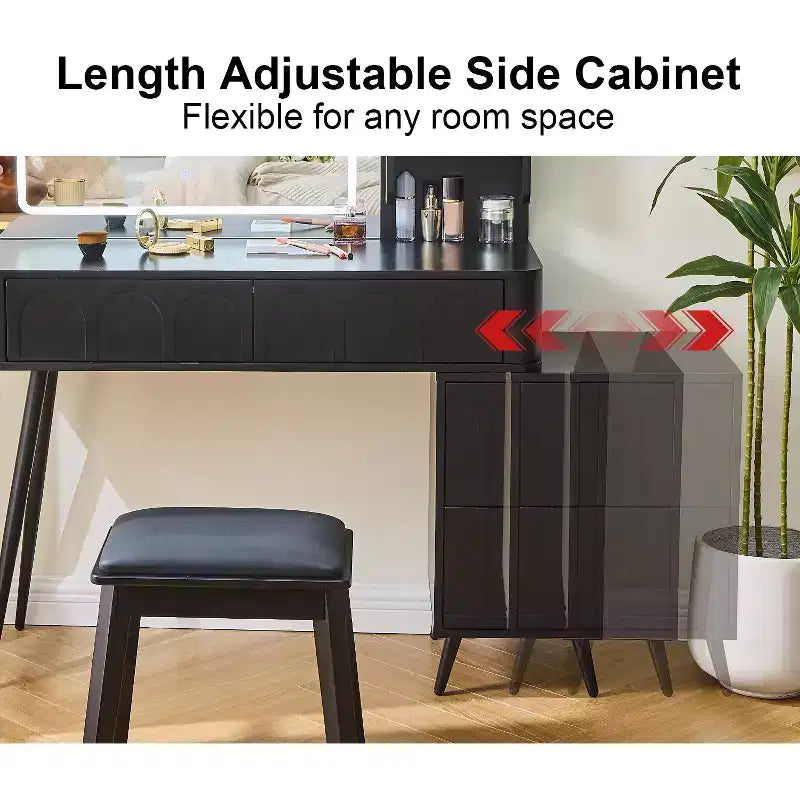 GDFStudio Rajiv Ensemble de coiffeuse moderne avec tabouret en similicuir, miroir lumineux à 3 couleurs et meuble latéral mobile