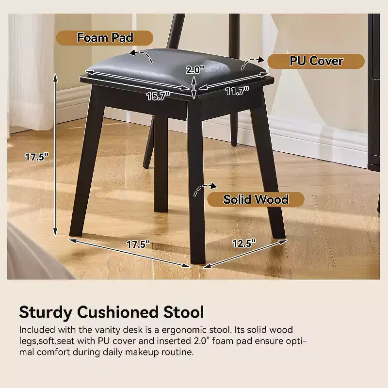 GDFStudio Rajiv Ensemble de coiffeuse moderne avec tabouret en similicuir, miroir lumineux à 3 couleurs et meuble latéral mobile