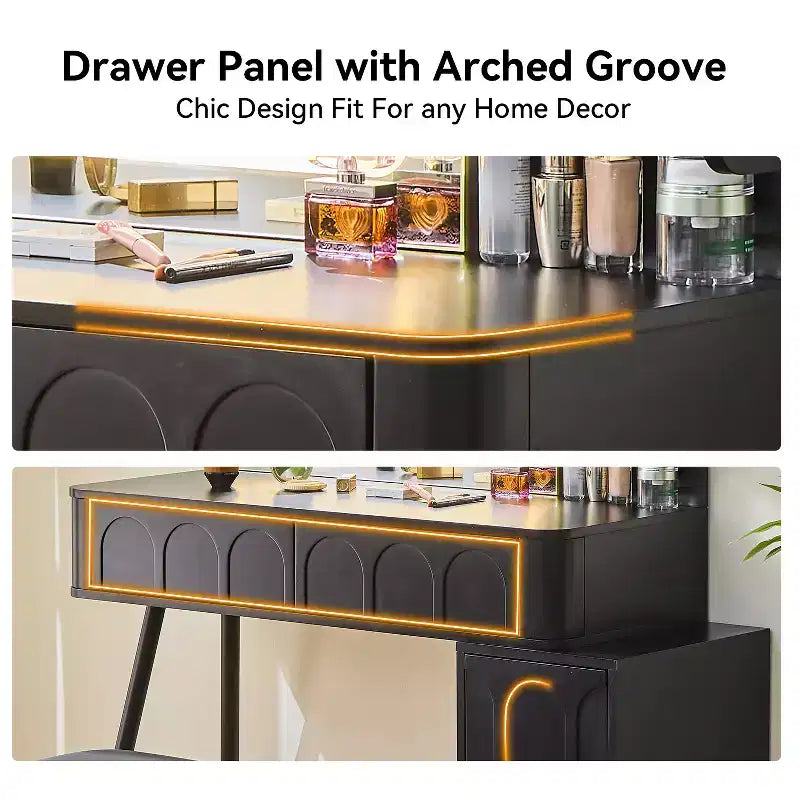 GDFStudio Rajiv Ensemble de coiffeuse moderne avec tabouret en similicuir, miroir lumineux à 3 couleurs et meuble latéral mobile