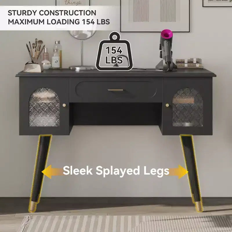 GDFStudio Terry Ensemble de Coiffeuse Moderne avec Tabouret en Similicuir, Port de Recharge et Porte en Verre