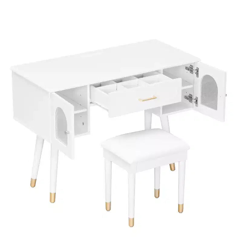 GDFStudio Terry Ensemble de Coiffeuse Moderne avec Tabouret en Similicuir, Port de Recharge et Porte en Verre