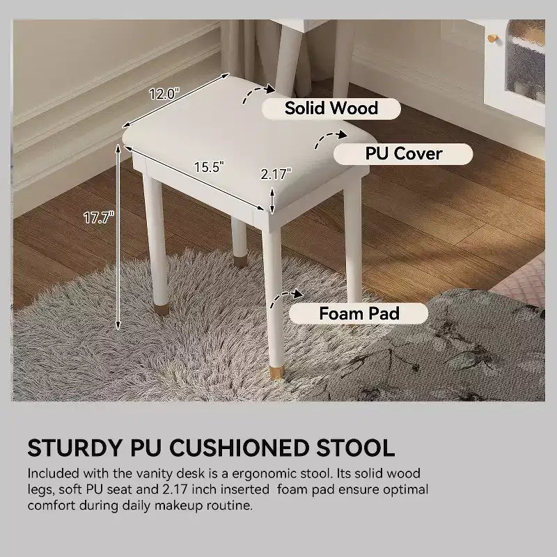 GDFStudio Terry Ensemble de Coiffeuse Moderne avec Tabouret en Similicuir, Port de Recharge et Porte en Verre
