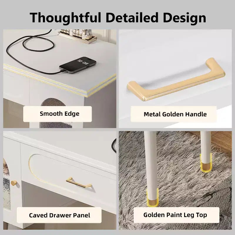 GDFStudio Terry Ensemble de Coiffeuse Moderne avec Tabouret en Similicuir, Port de Recharge et Porte en Verre