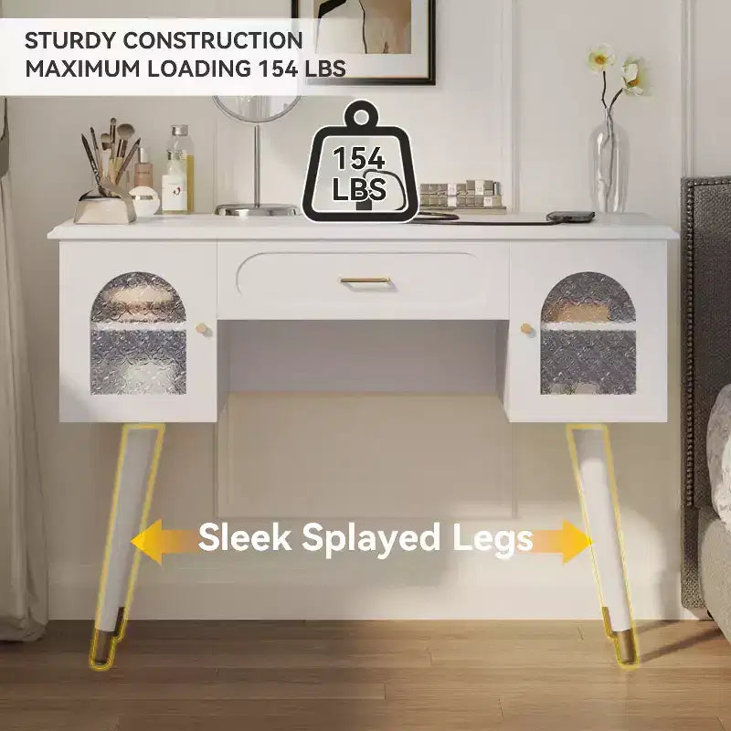 GDFStudio Terry Ensemble de Coiffeuse Moderne avec Tabouret en Similicuir, Port de Recharge et Porte en Verre