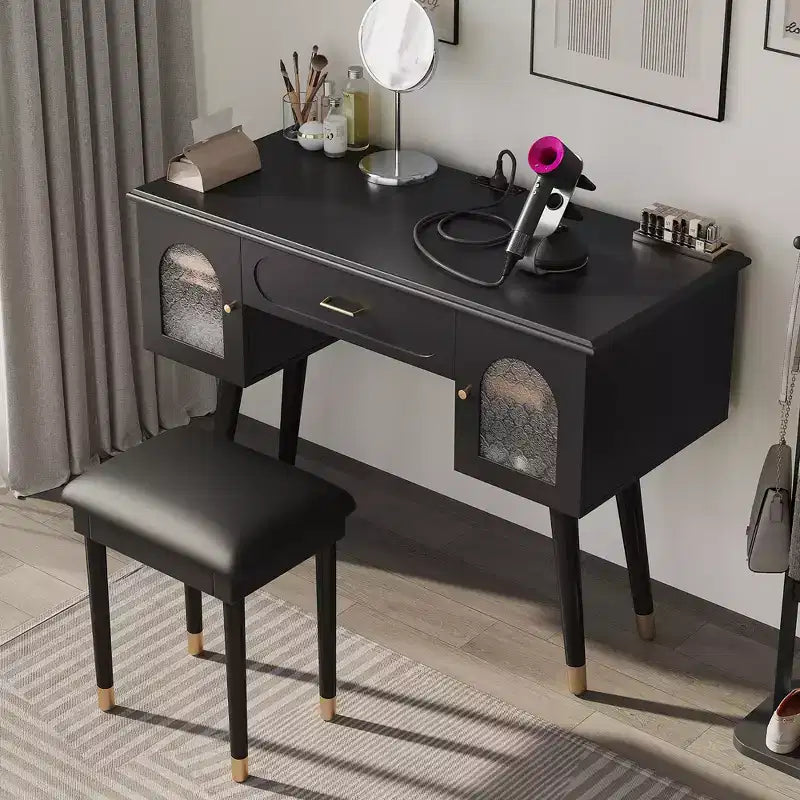 GDFStudio Terry Ensemble de Coiffeuse Moderne avec Tabouret en Similicuir, Port de Recharge et Porte en Verre