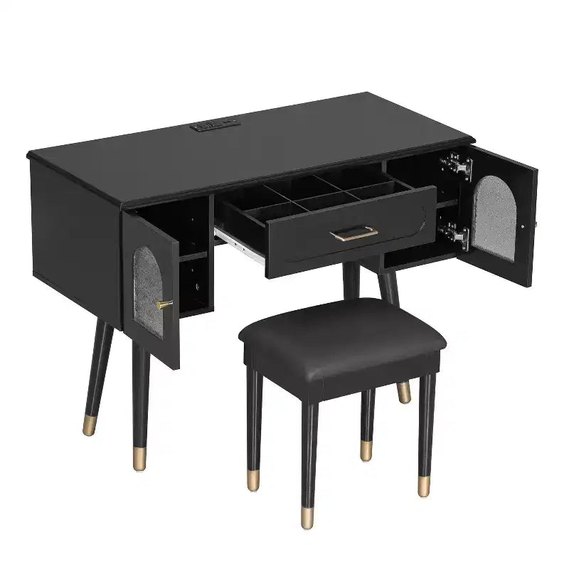GDFStudio Terry Ensemble de Coiffeuse Moderne avec Tabouret en Similicuir, Port de Recharge et Porte en Verre