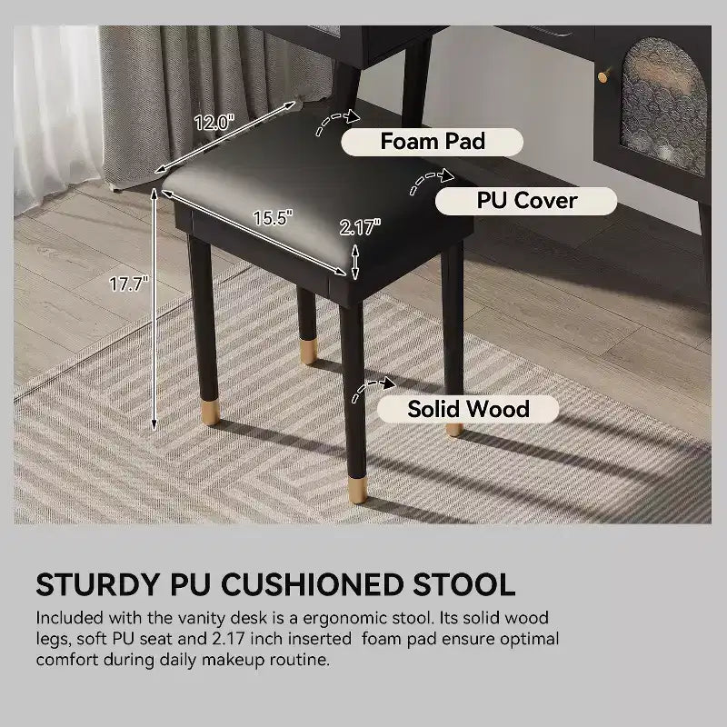 GDFStudio Terry Ensemble de Coiffeuse Moderne avec Tabouret en Similicuir, Port de Recharge et Porte en Verre