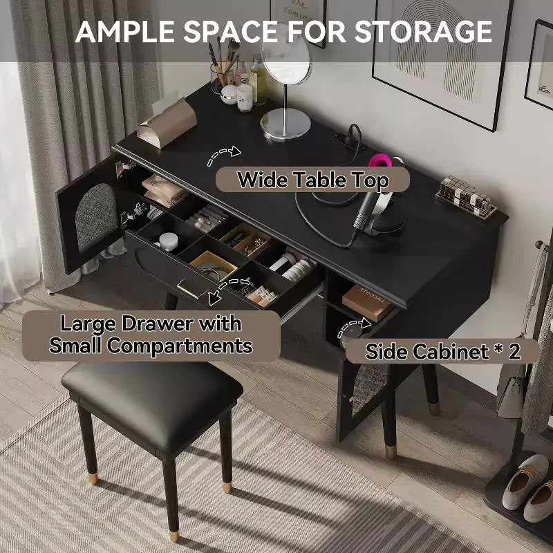 GDFStudio Terry Ensemble de Coiffeuse Moderne avec Tabouret en Similicuir, Port de Recharge et Porte en Verre