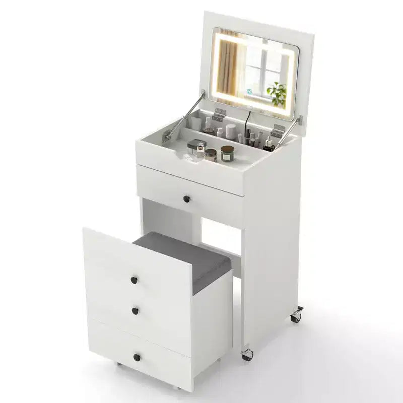 Costway Coiffeuse 3-en-1 avec miroir rabattable, lumières, tiroirs, tabouret de rangement, blanc