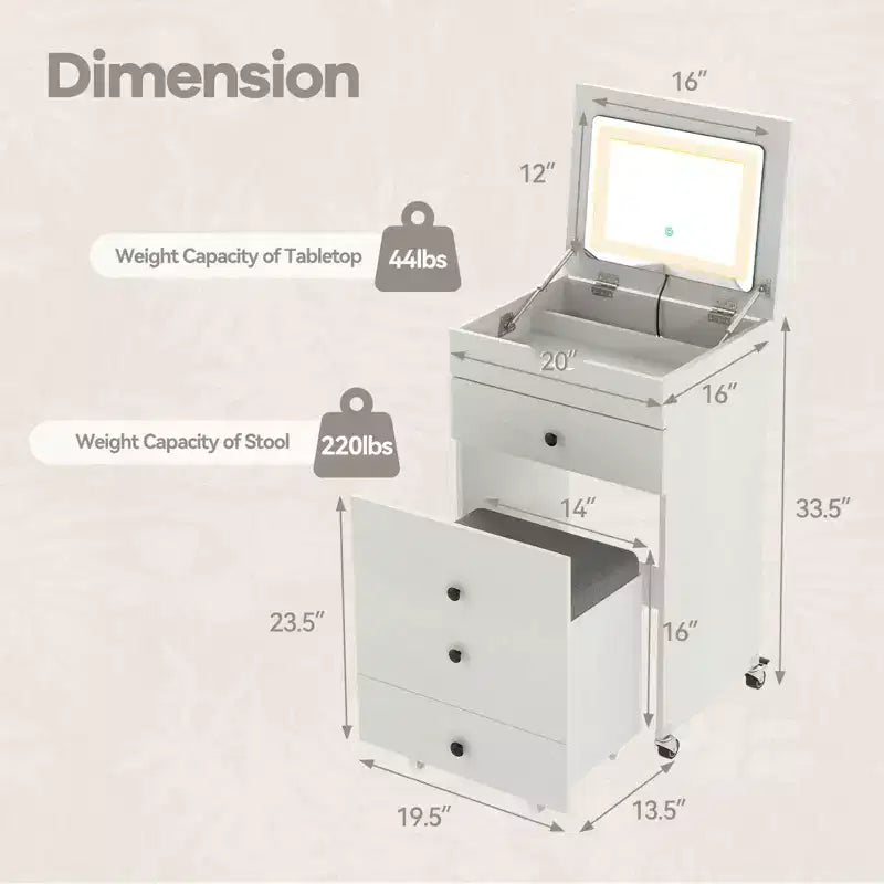 Costway Coiffeuse 3-en-1 avec miroir rabattable, lumières, tiroirs, tabouret de rangement, blanc