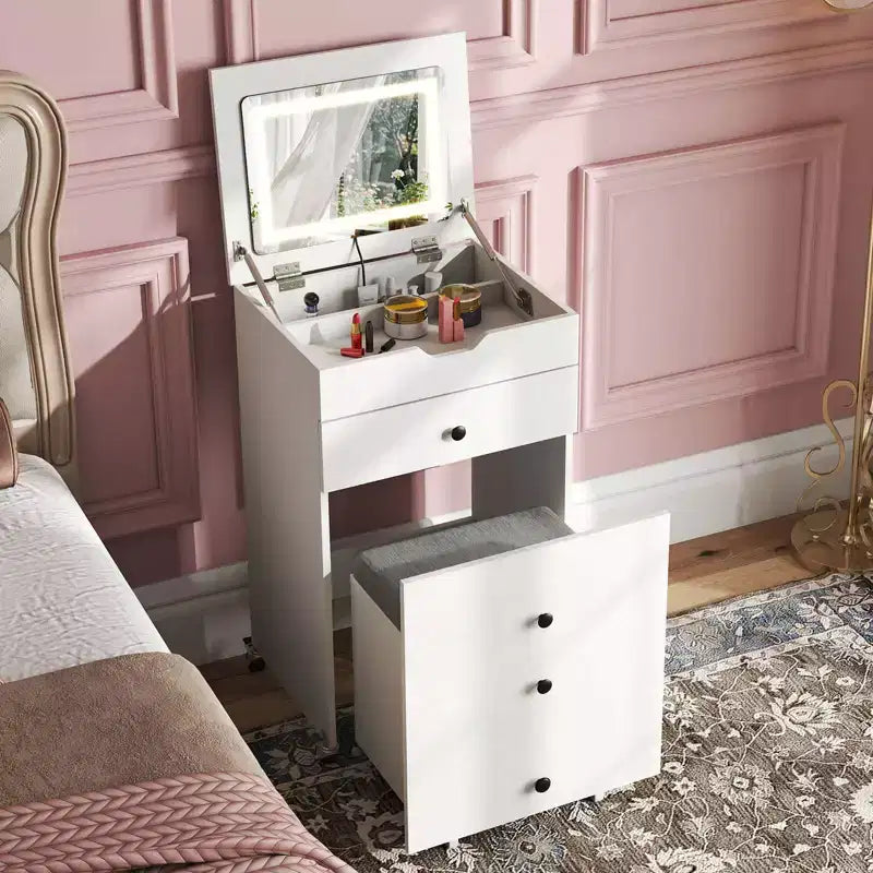 Costway Coiffeuse 3-en-1 avec miroir rabattable, lumières, tiroirs, tabouret de rangement, blanc