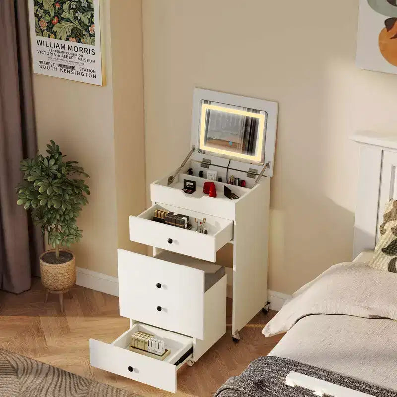 Costway Coiffeuse 3-en-1 avec miroir rabattable, lumières, tiroirs, tabouret de rangement, blanc