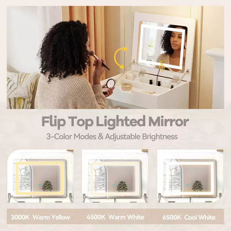 Costway Coiffeuse 3-en-1 avec miroir rabattable, lumières, tiroirs, tabouret de rangement, blanc