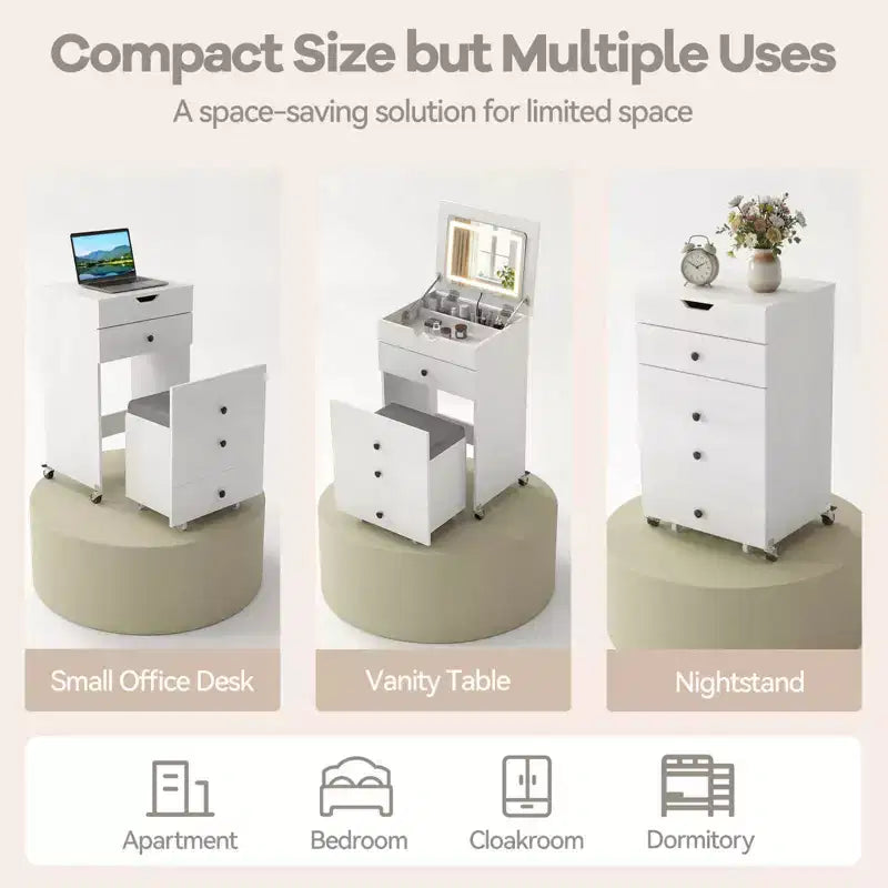 Costway Coiffeuse 3-en-1 avec miroir rabattable, lumières, tiroirs, tabouret de rangement, blanc