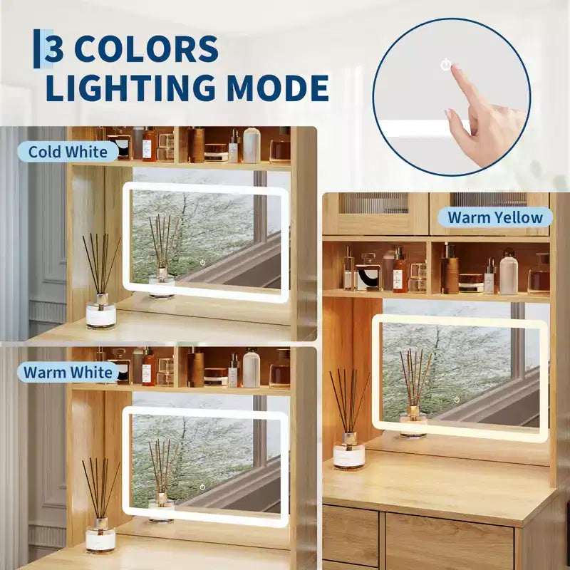 Coiffeuse 3 en 1 avec lumière LED, grande coiffeuse avec 2 prises CA et USB-C, table de maquillage avec tiroirs de rangement et portes en acrylique