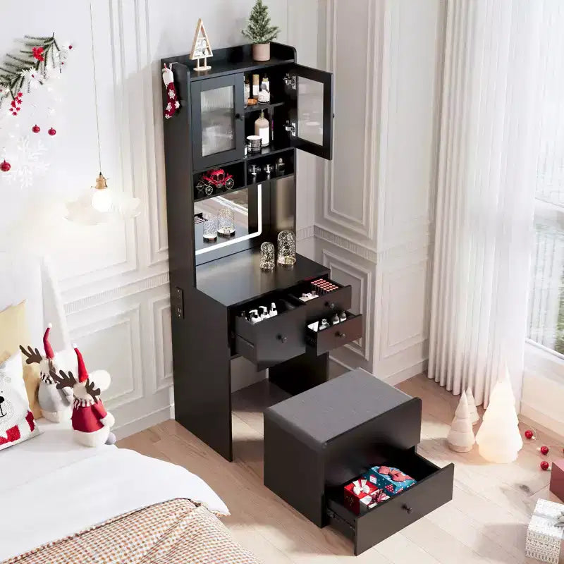 Coiffeuse 3 en 1 avec lumière LED, grande coiffeuse avec 2 prises CA et USB-C, table de maquillage avec tiroirs de rangement et portes en acrylique