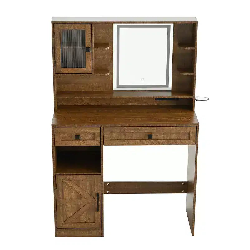 Coiffeuse Whisen Farmhouse avec miroir, tabouret, tiroirs, étagères et armoire latérale