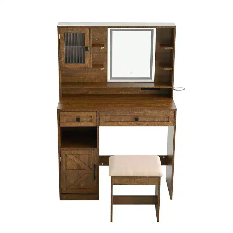 Coiffeuse Whisen Farmhouse avec miroir, tabouret, tiroirs, étagères et armoire latérale