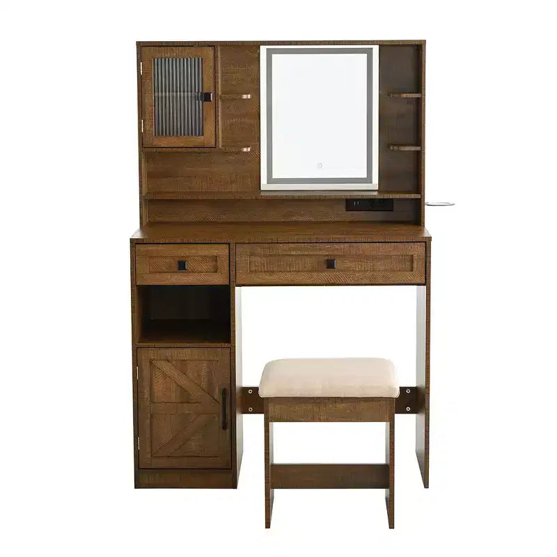 Coiffeuse Whisen Farmhouse avec miroir, tabouret, tiroirs, étagères et armoire latérale