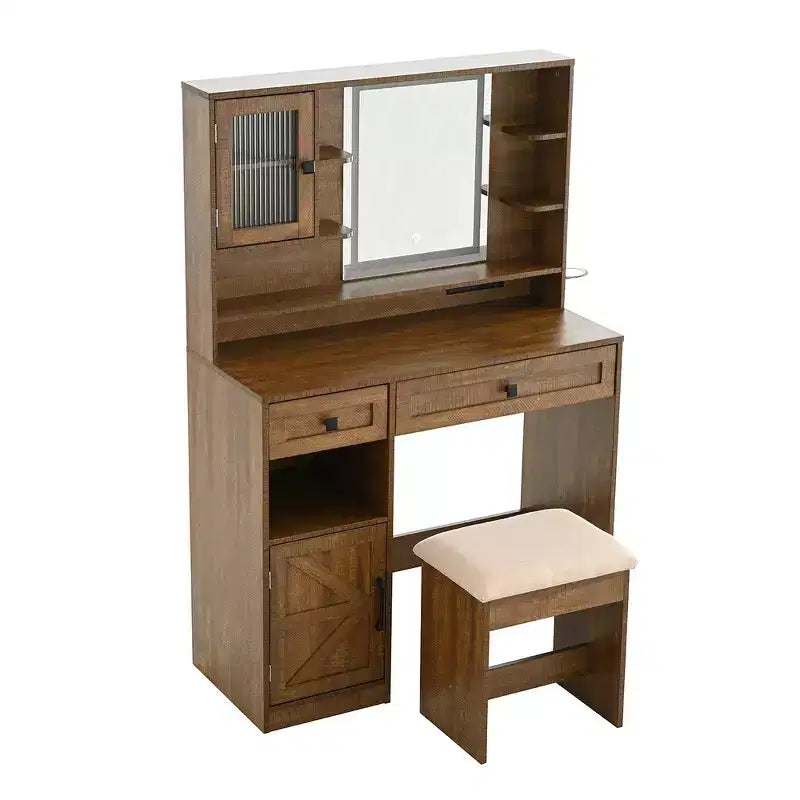 Coiffeuse Whisen Farmhouse avec miroir, tabouret, tiroirs, étagères et armoire latérale