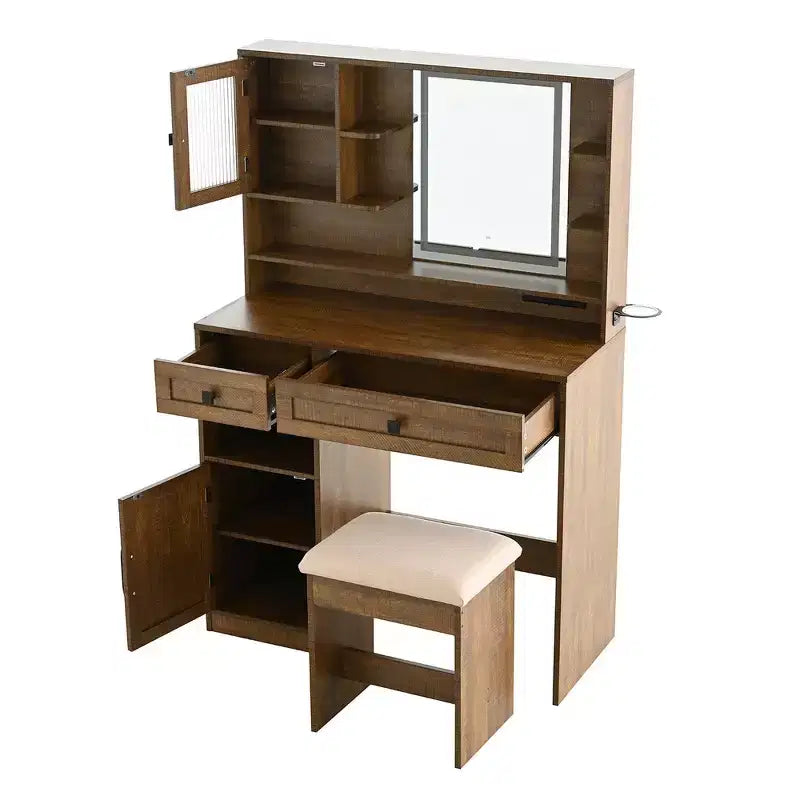 Coiffeuse Whisen Farmhouse avec miroir, tabouret, tiroirs, étagères et armoire latérale